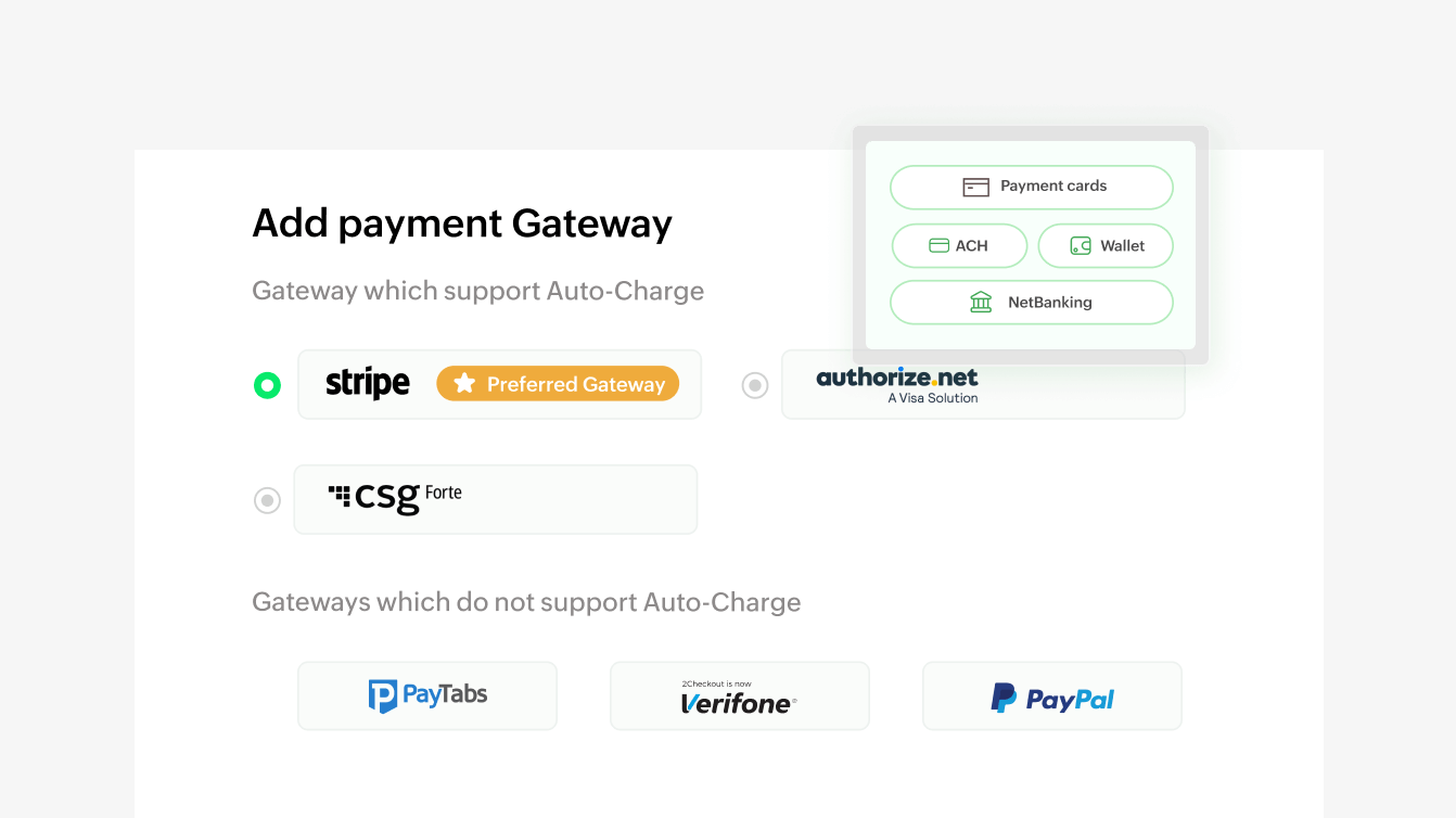 Preview of multiple payment gateways supported within Zoho Billing | Zoho Billing