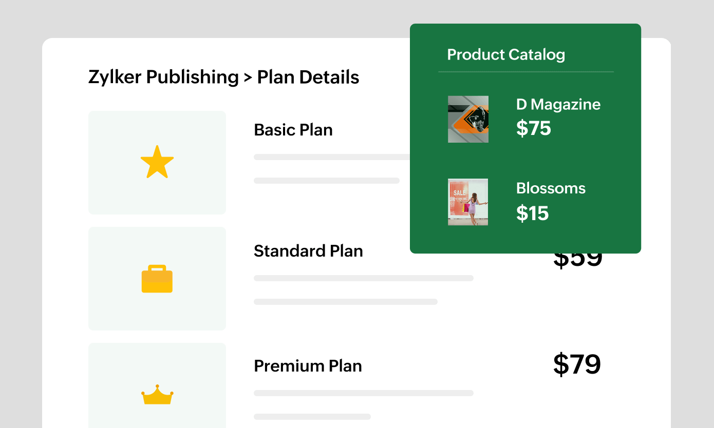 Preview of the product catalog feature that helps manage items and services with ease. | Zoho Billing