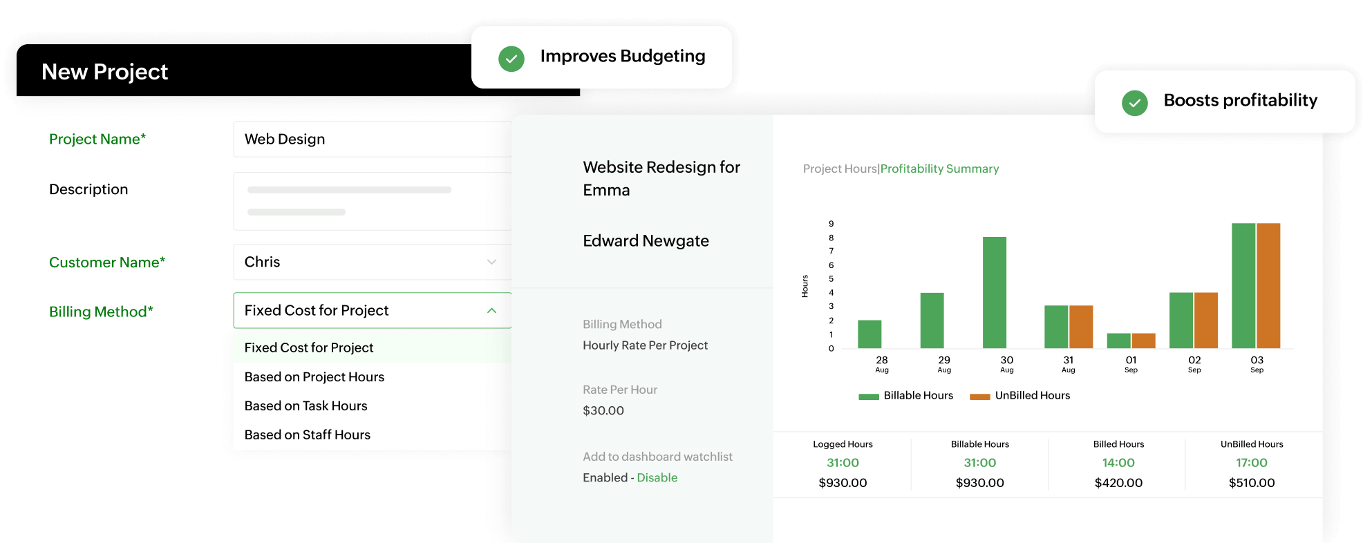 Zoho Billing's project creation page and project overview page.
