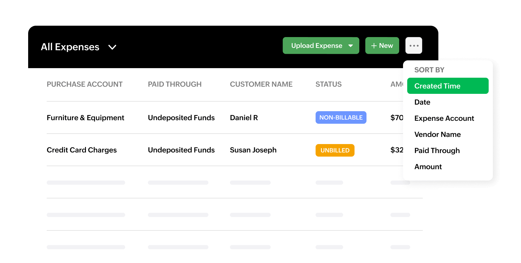 Screenshot showing how to sort expenses based on criteria in Zoho Billing.