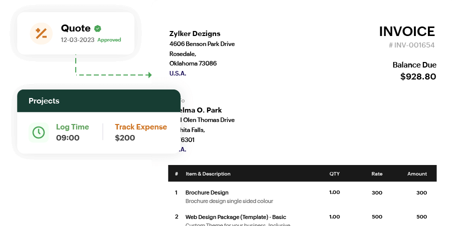 Zoho Billing interface displaying a detailed invoice with QR code for payment, itemized listing of sofa and chair with tax breakdown, and a project summary showing 2 hours of logged time and  tracked expense.