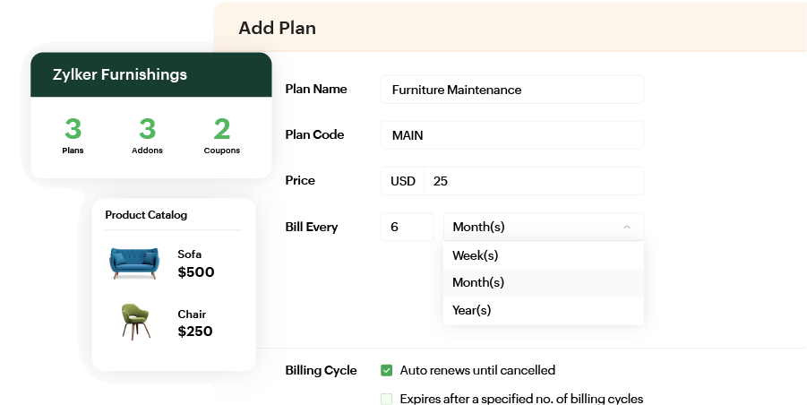 Zoho Billing interface for creating a subscription plan, showing fields for plan name, code, price, billing frequency, and auto-renewal options, alongside a product catalog with sofa and chair prices, and summary of plans, add-ons, and coupons.