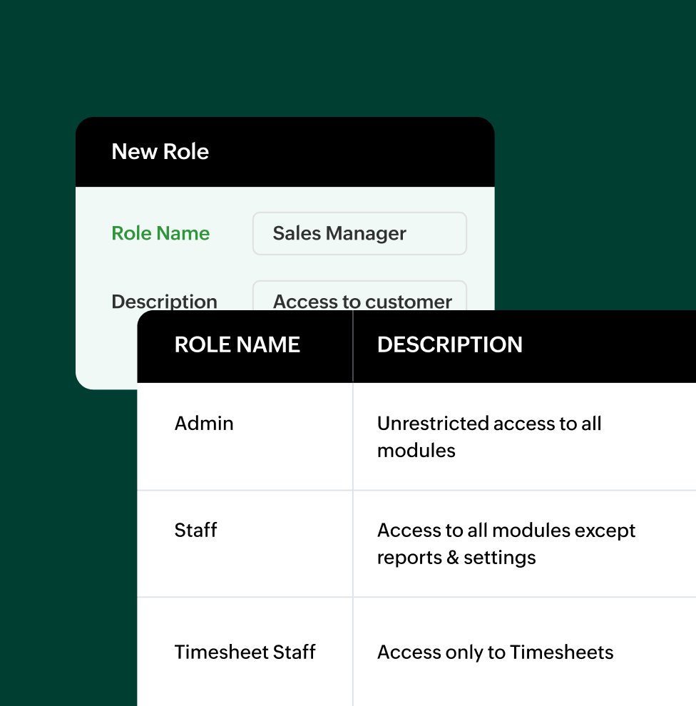 Preview of how to set up team access and log time in Zoho Billing.