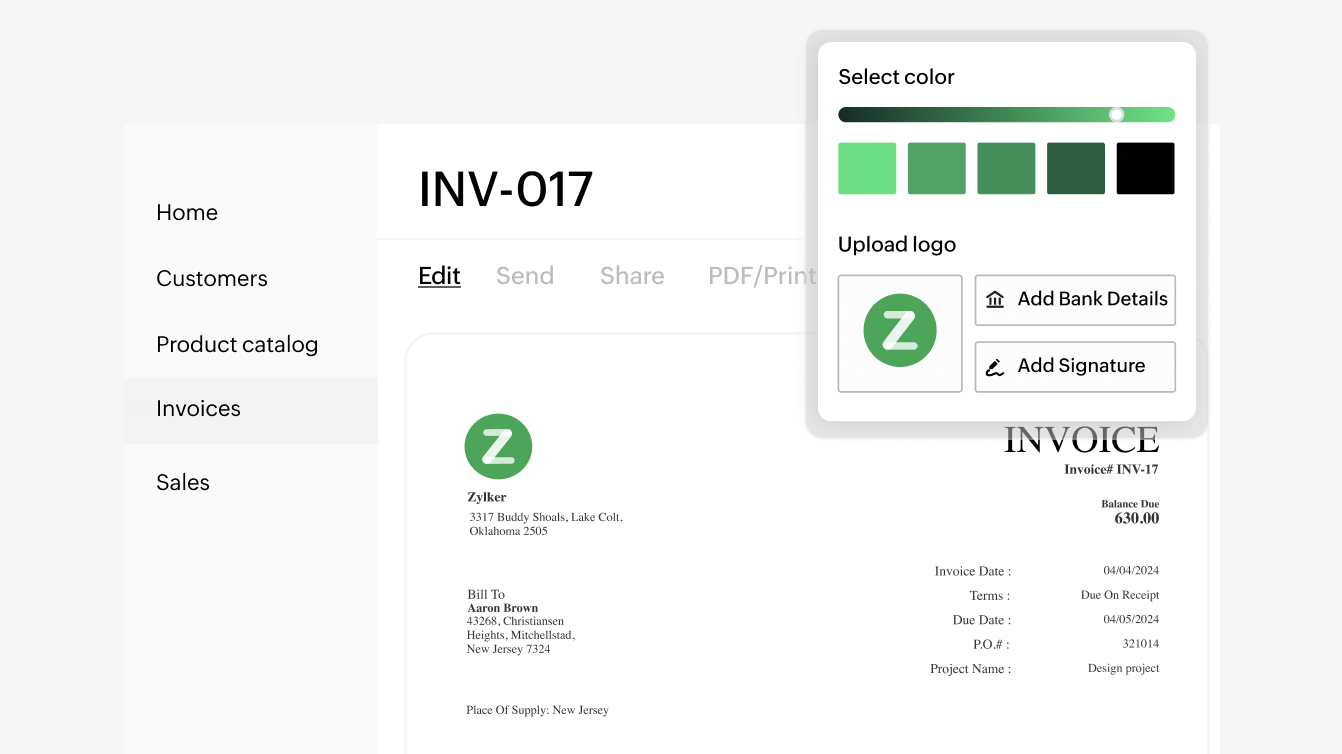 Image displaying customization of an invoice based on the business needs | Zoho Billing