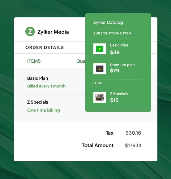 Product catalog designed to pitch both one-time offerings as well as recurring offerings | Zoho Billing