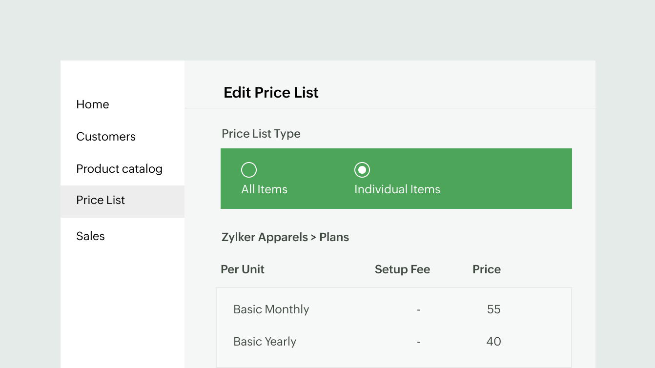 Preview of price list customization | Zoho Billing