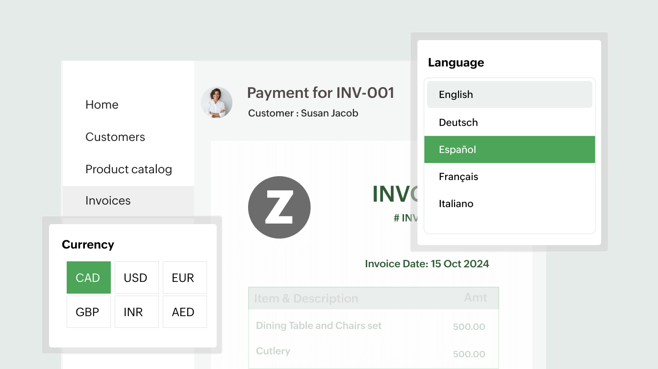 Image displaying multi-currency and multi-lingual support feature that halps businesses manage lobal customers | Zoho Billing