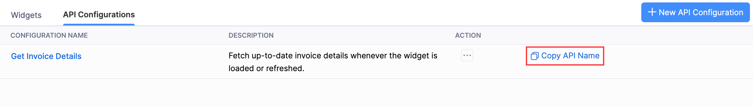The API Configurations List page. Click Copy API Name next to the required API configuration.