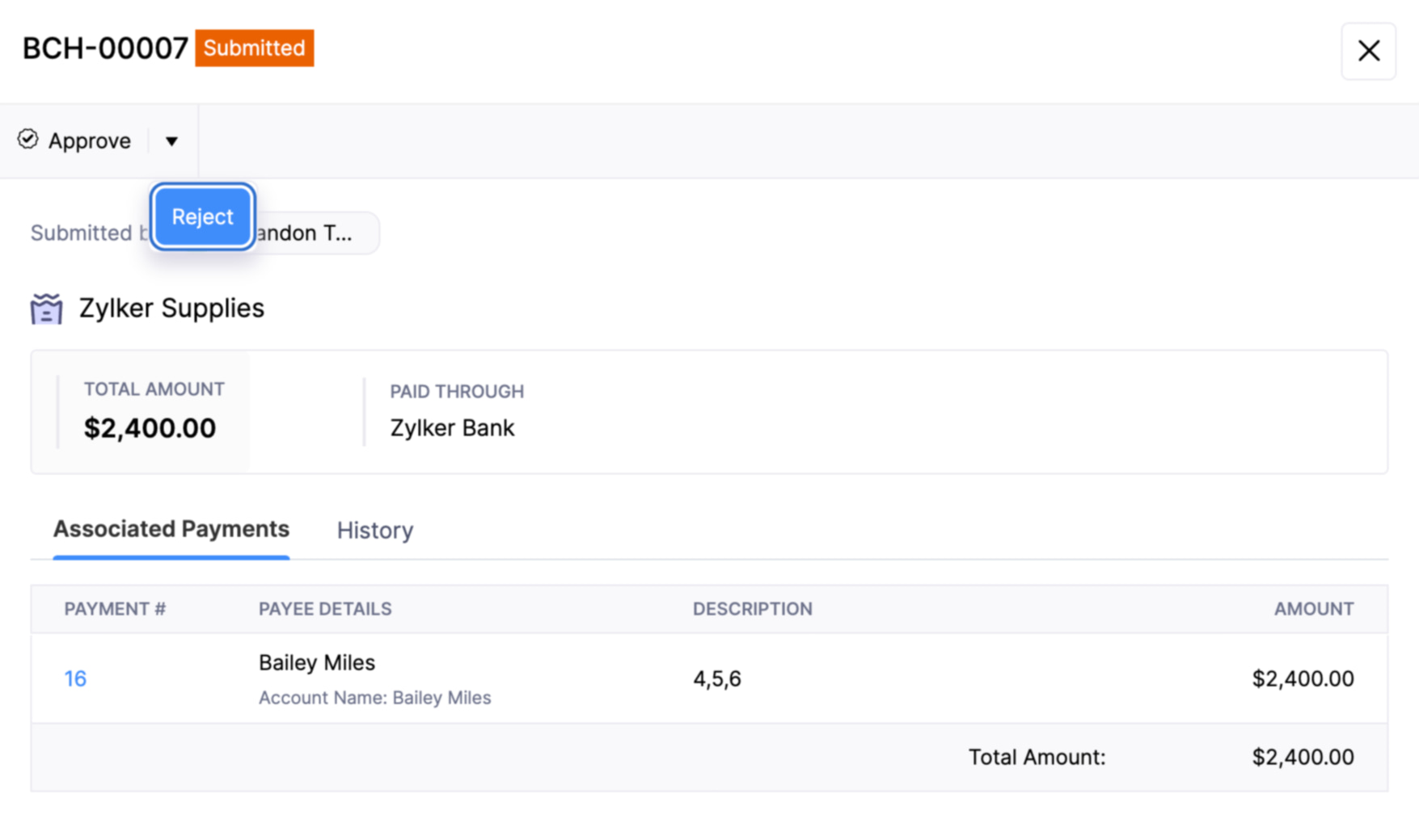 Click Reject to reject a batch