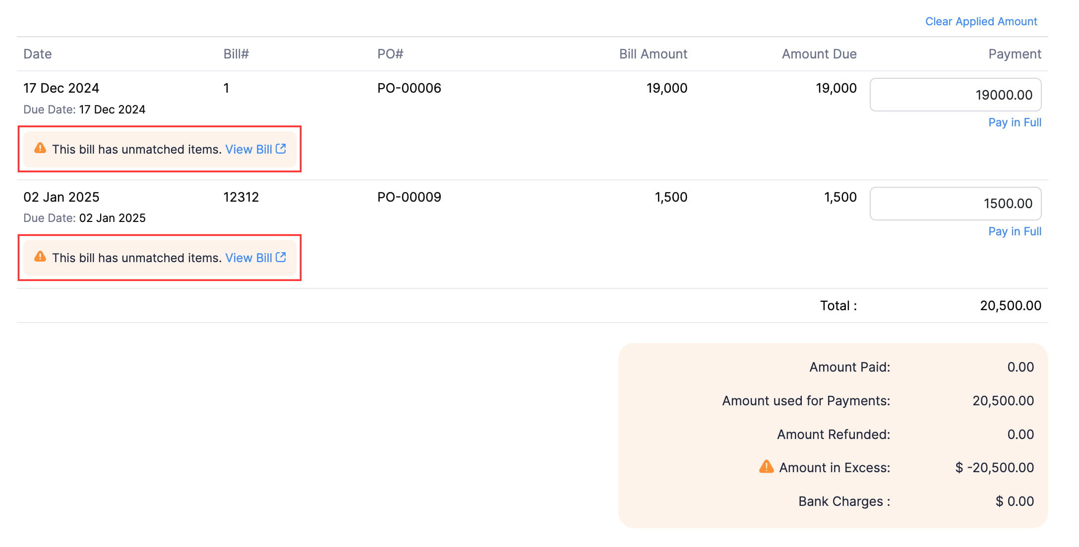 A warning will be shown below bills with unmatched items