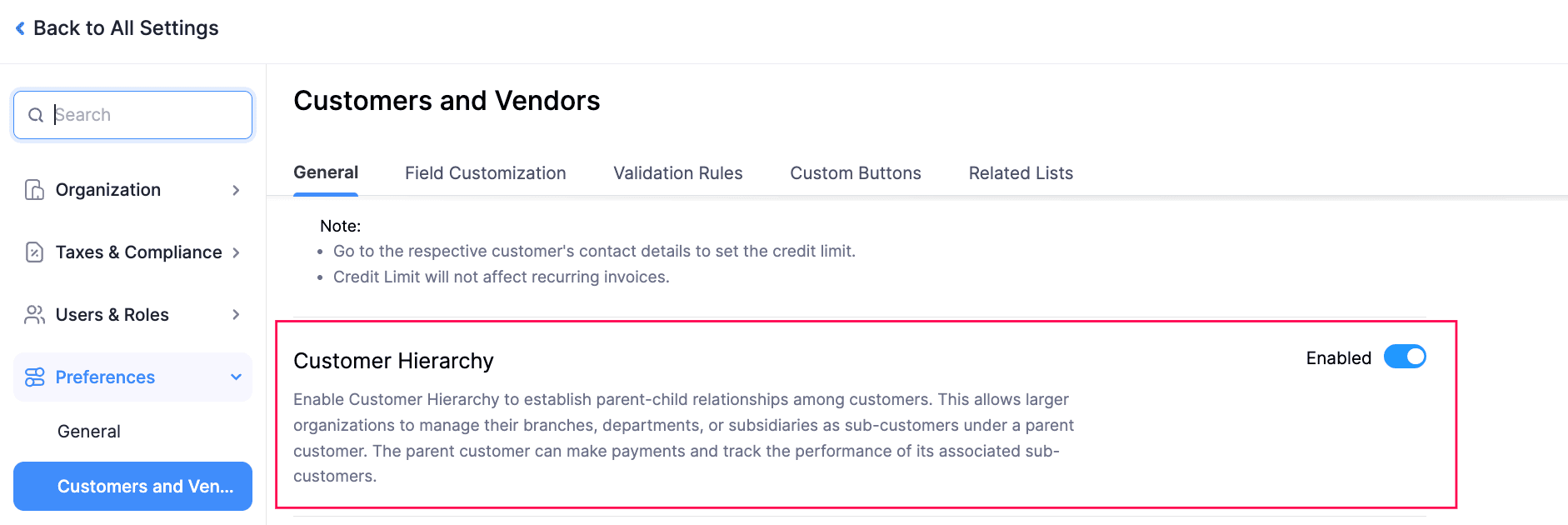 Disable Customer Hierarchy