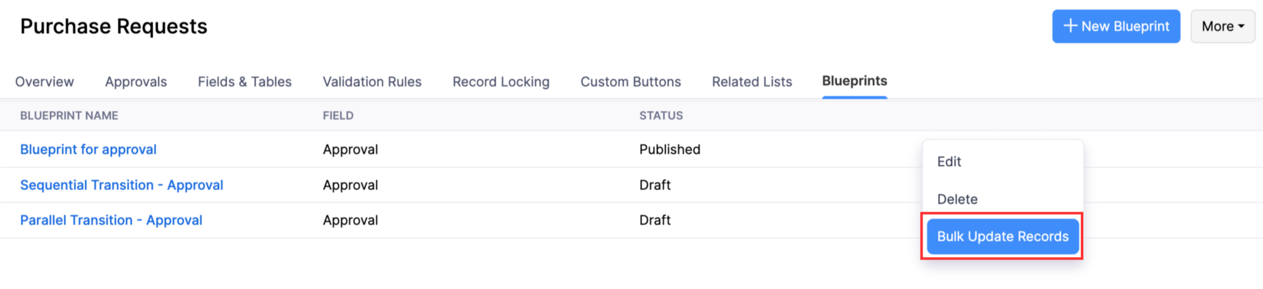 The list of the blueprints created for a custom module. Hover over a blueprint, click the dropdown towards the right, and select Bulk Update Records to edit a blueprint.