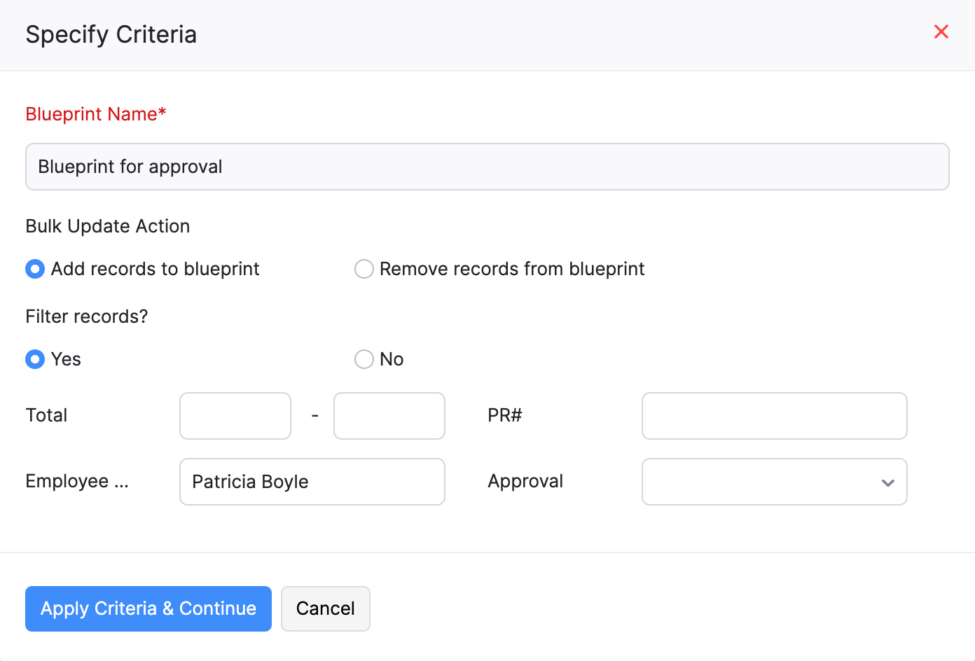 The Specify criteria module. Fill in details in the Bulk Update Action and Filter records? fields.