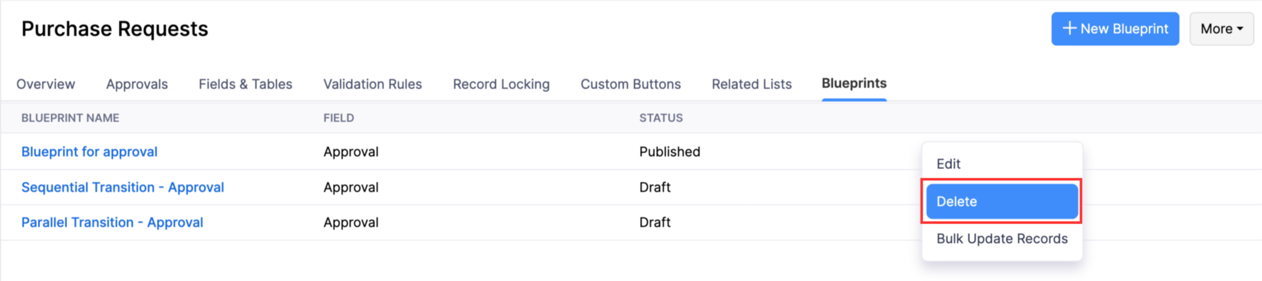 The list of the blueprints created for a custom module. Hover over a blueprint, click the dropdown towards the right, and select Delete to edit a blueprint.