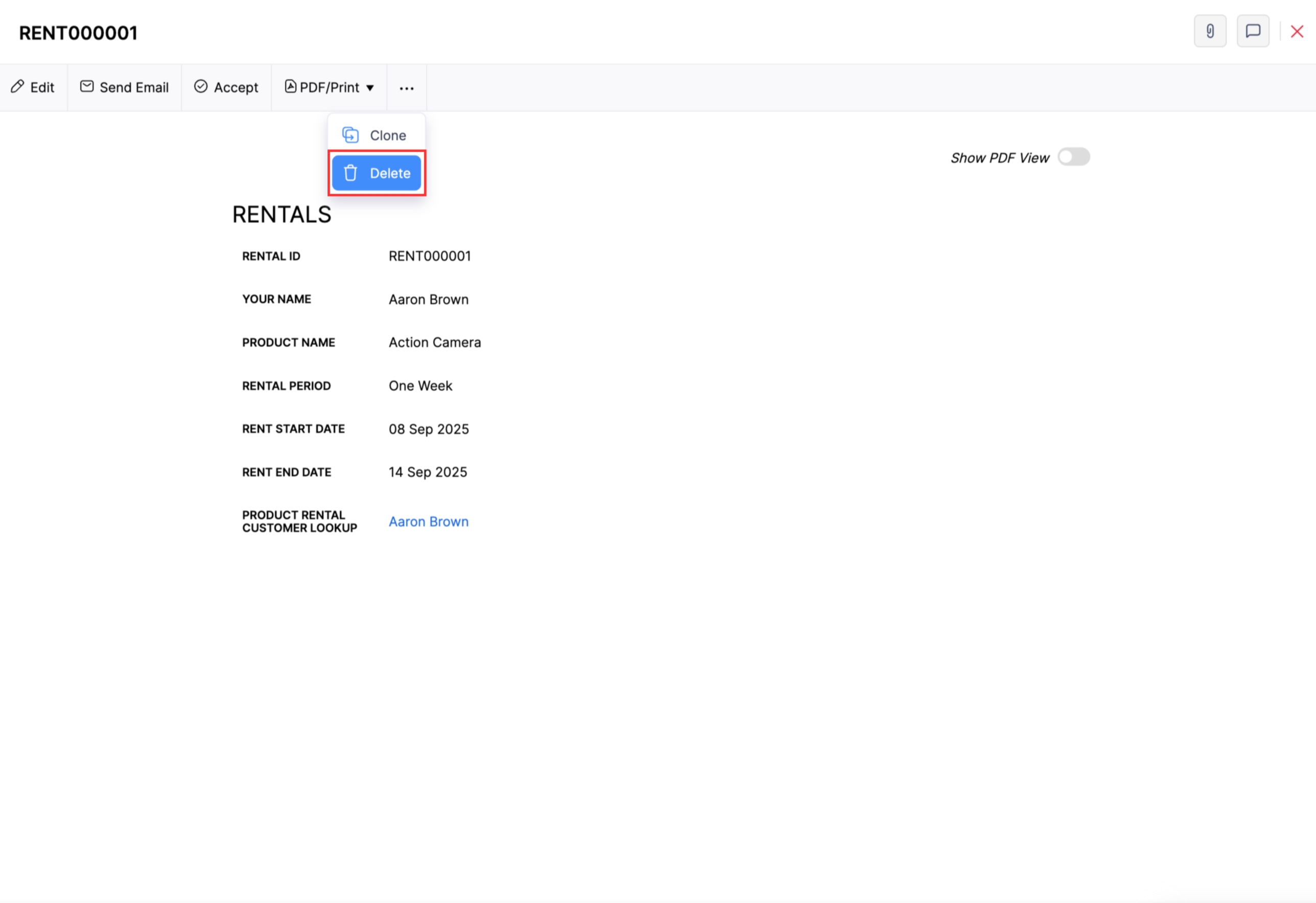 The Details page of a record submitted by your customers or vendors. Click the More icon at the top and select Delete to remove the record from the custom module.