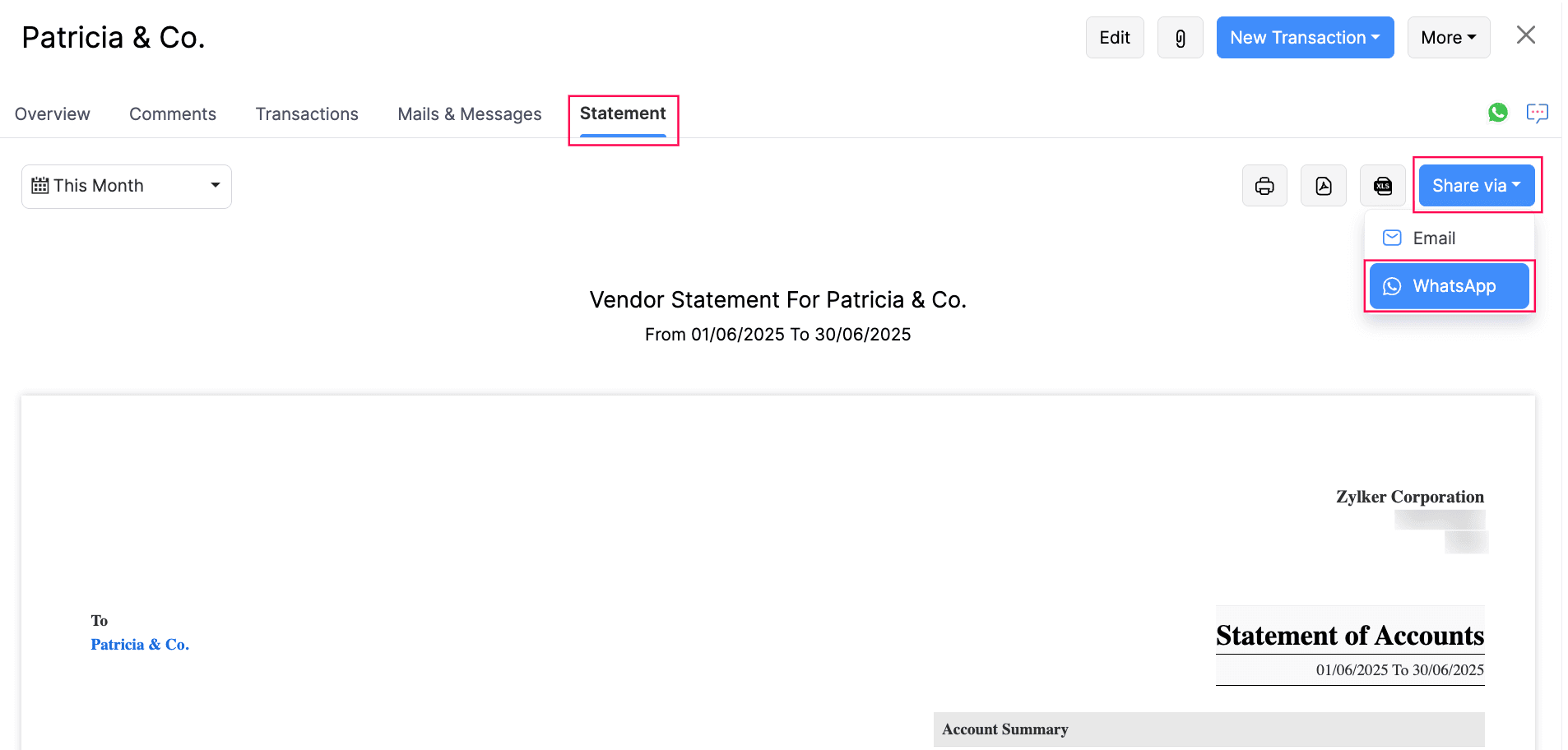 Send Vendor Statement