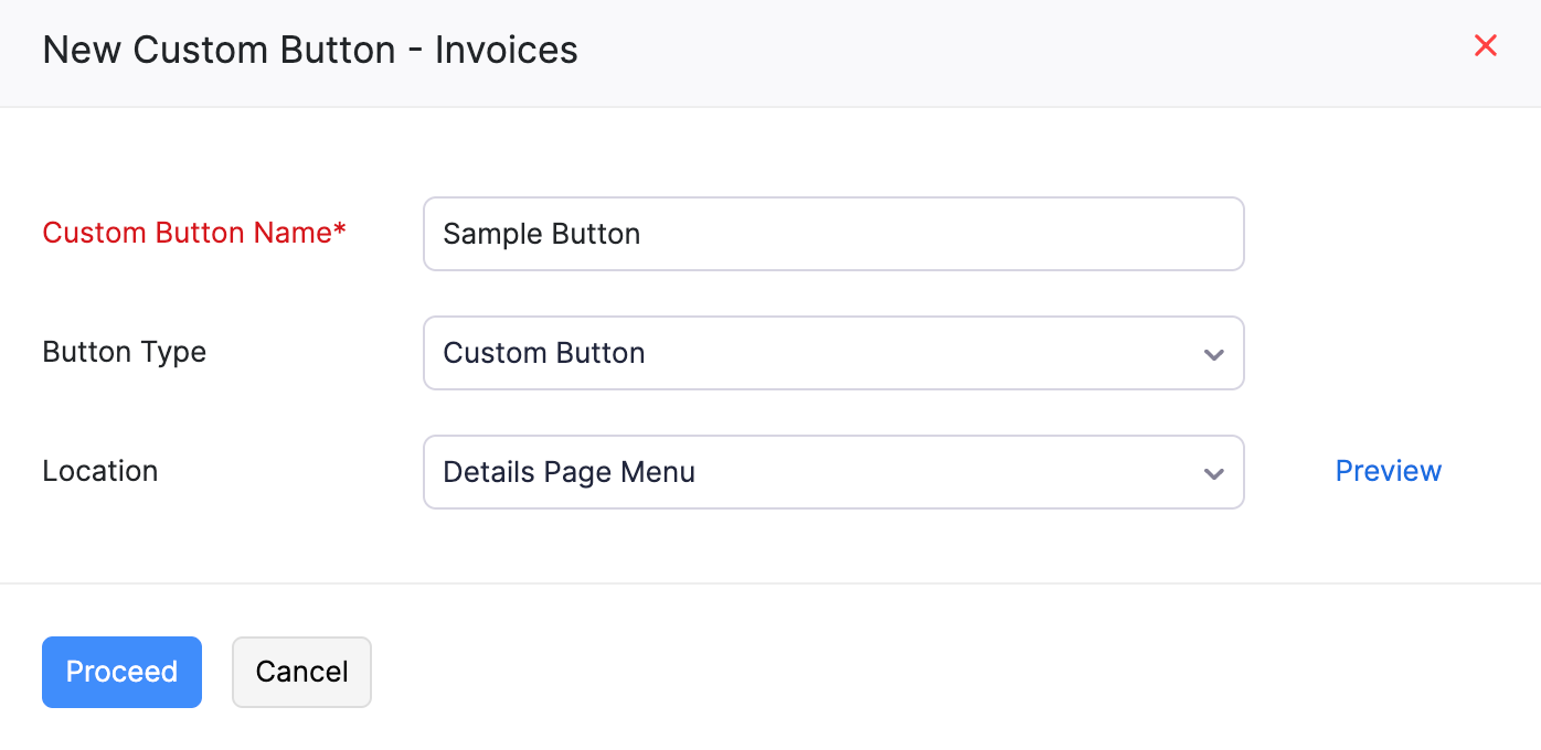 The New Custom Button pop-up. Select Custom Button or Custom Link as the Button Type and fill in the other required details.