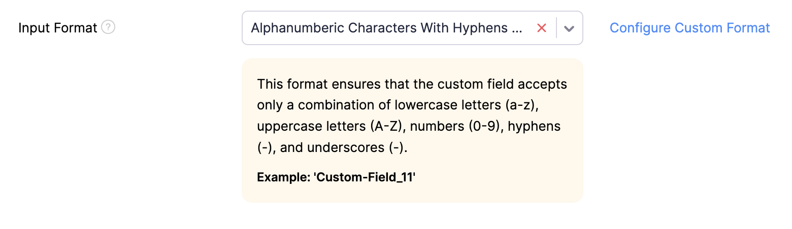 An image of a custom field with the standard Input Format set to Alphanumeric Characters With Hyphens and Underscores