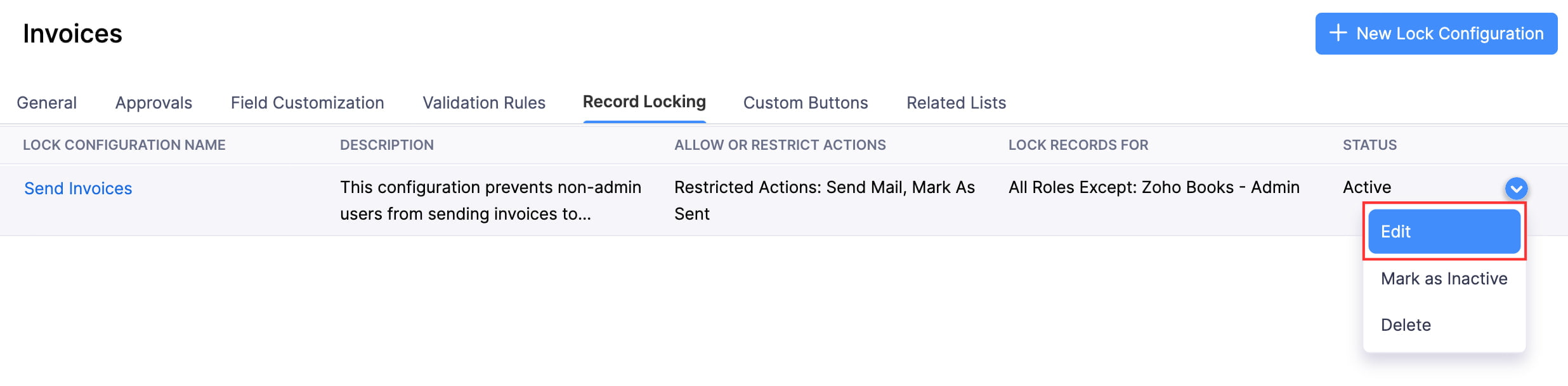 The Record Locking tab of a module's Preferences page. Hover a lock configuration, click the dropdown, and select Edit to make changes to a lock configuration.