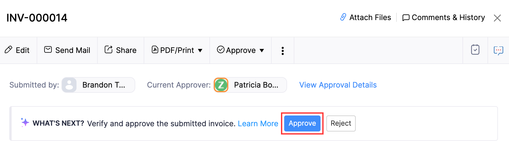 Click Approve to approve the transaction and submit it to the next approver