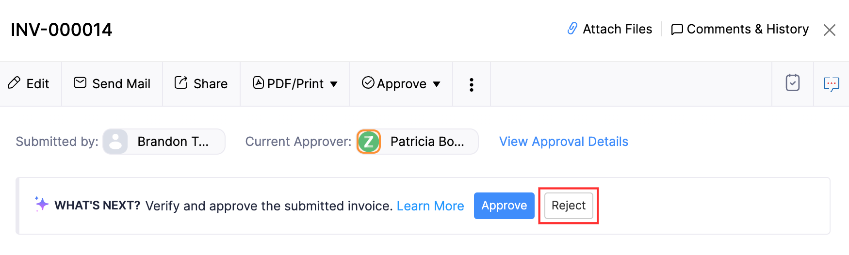 Click Reject to reject the transaction
