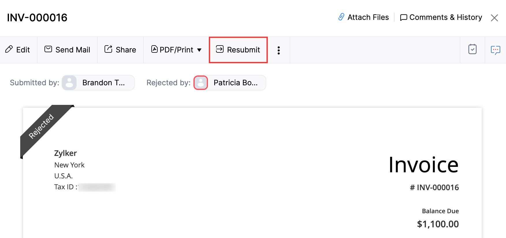 Click Resubmit to resubmit the transaction for approval