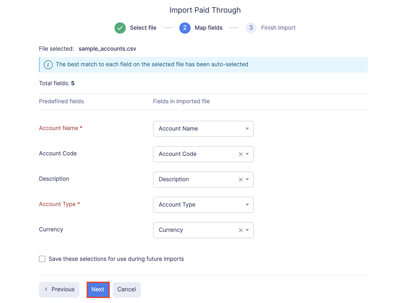 Import Paid Through Account