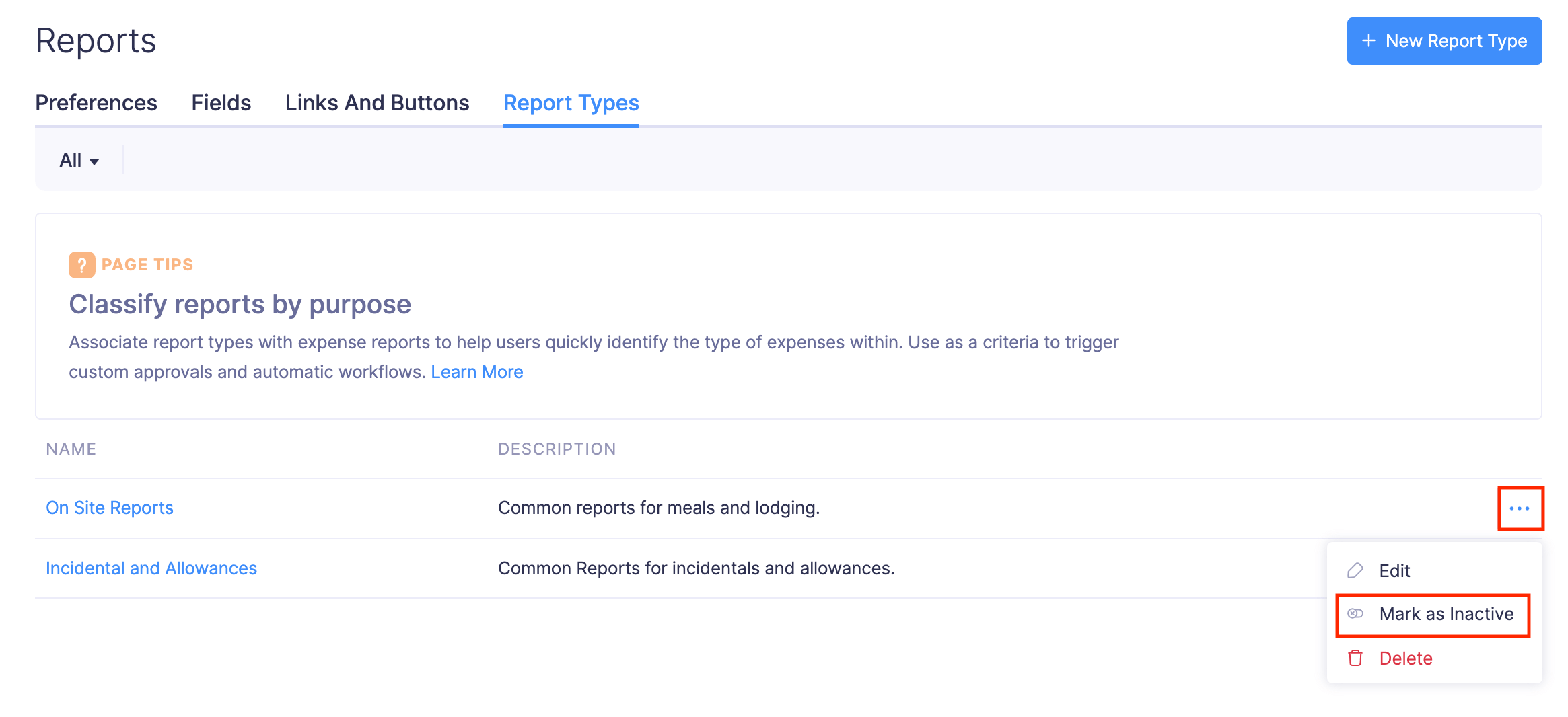 Mark a Report Type as Active or Inactive