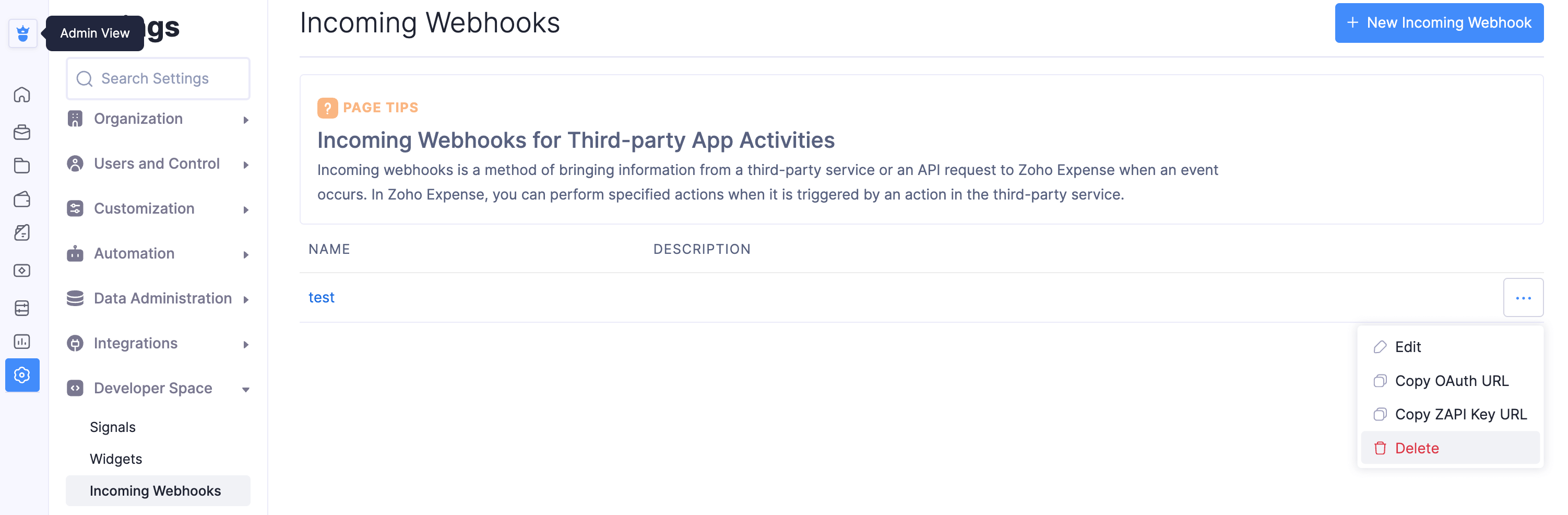 Delete Incoming Webhook