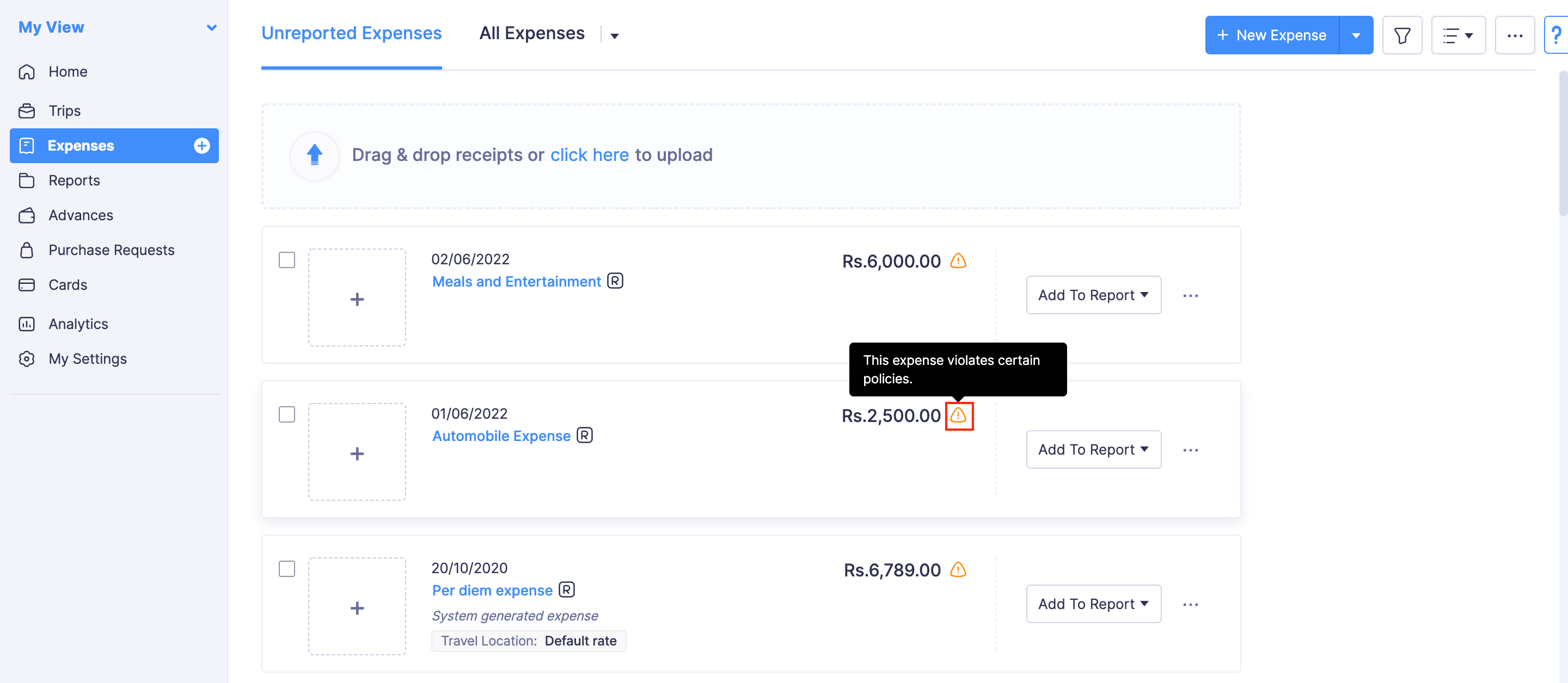 Policy violations in Expenses