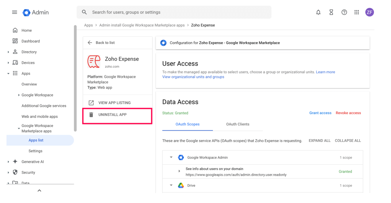 Uninstall Zoho Expense from your Google Workspace