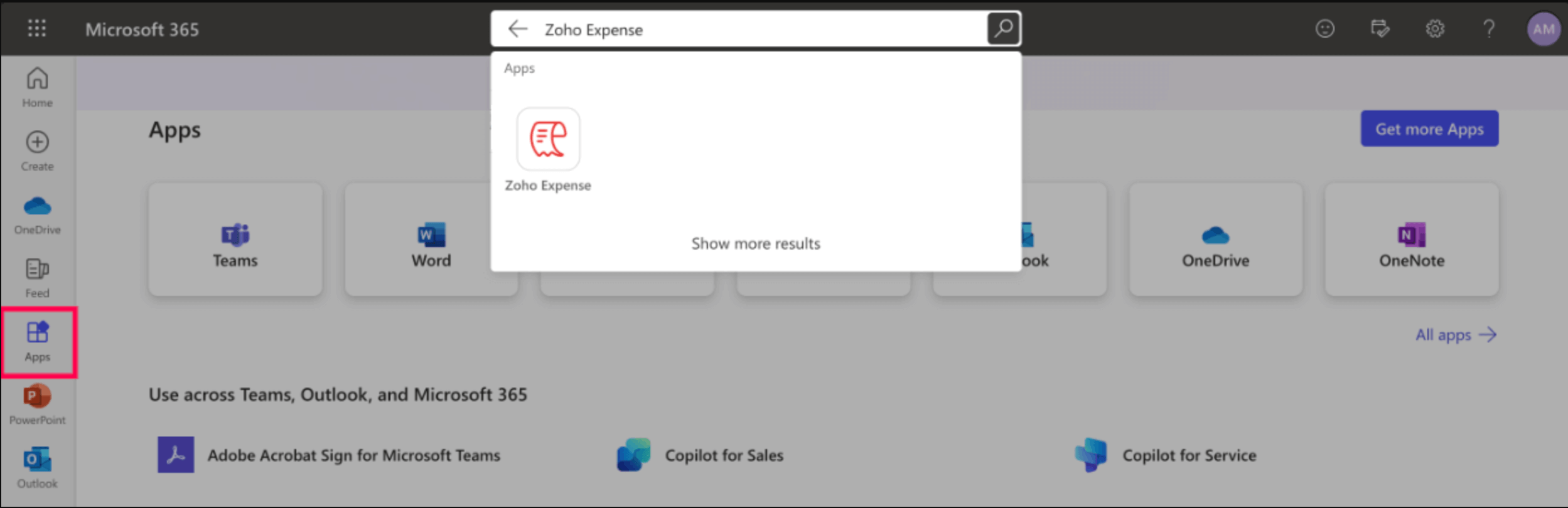 Select Zoho Expense from Microsoft 365