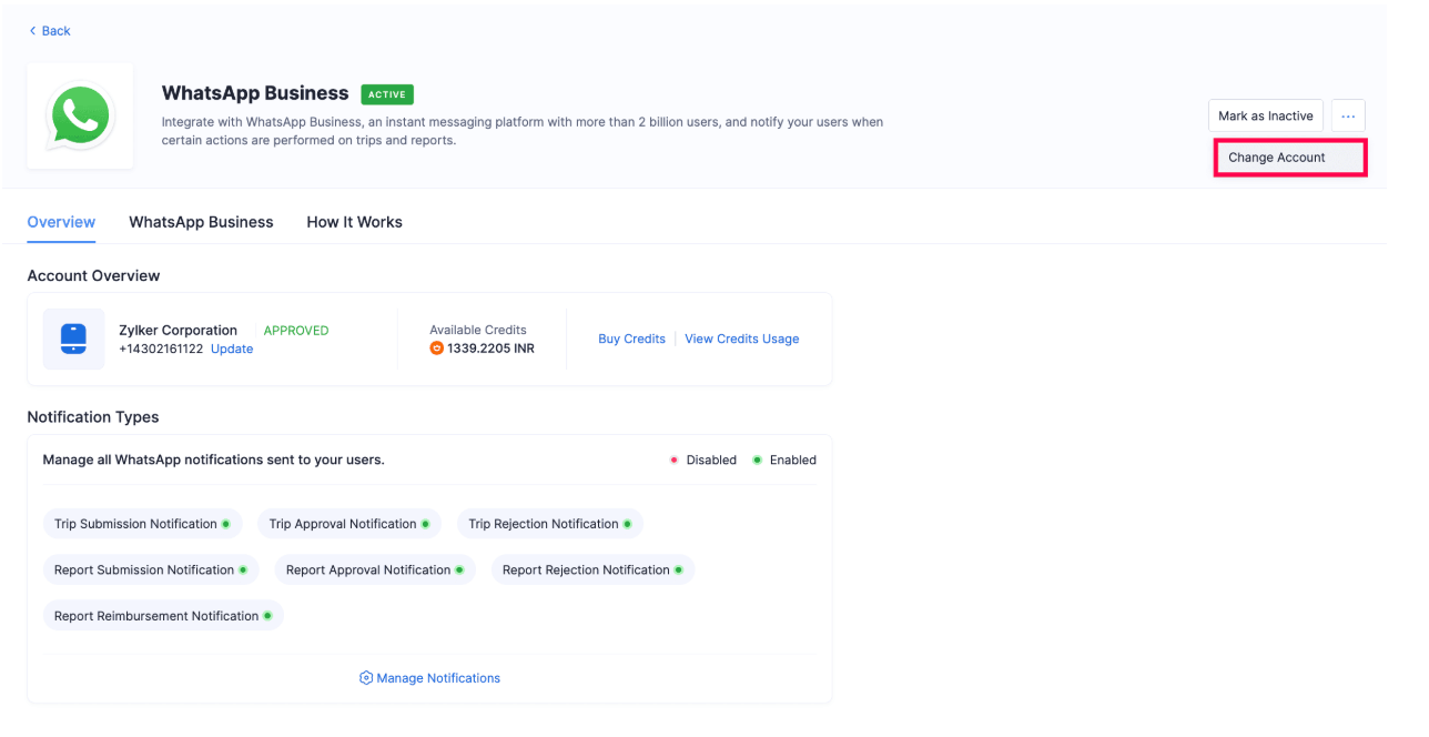 Change WhatsApp business account