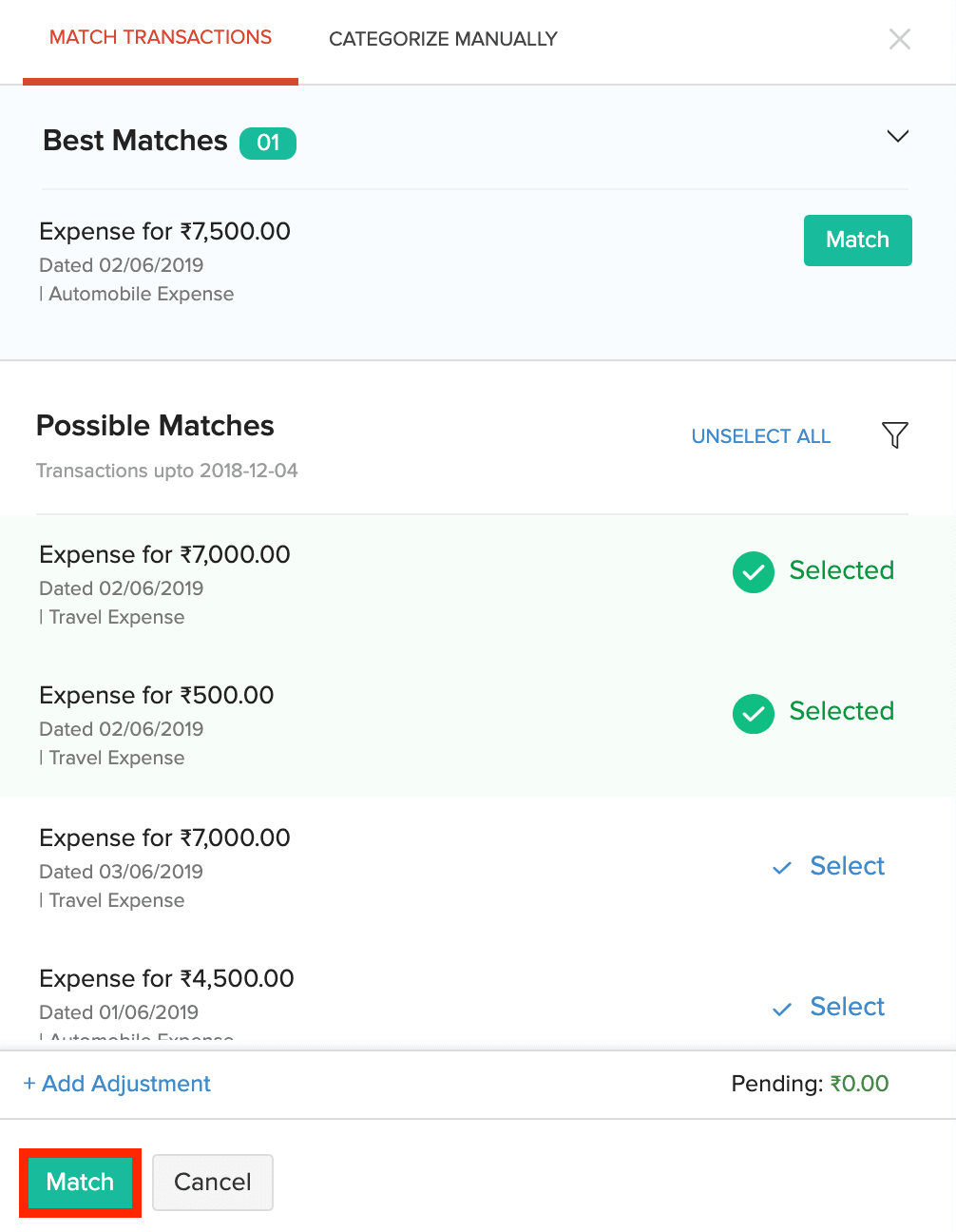 Matching transactions