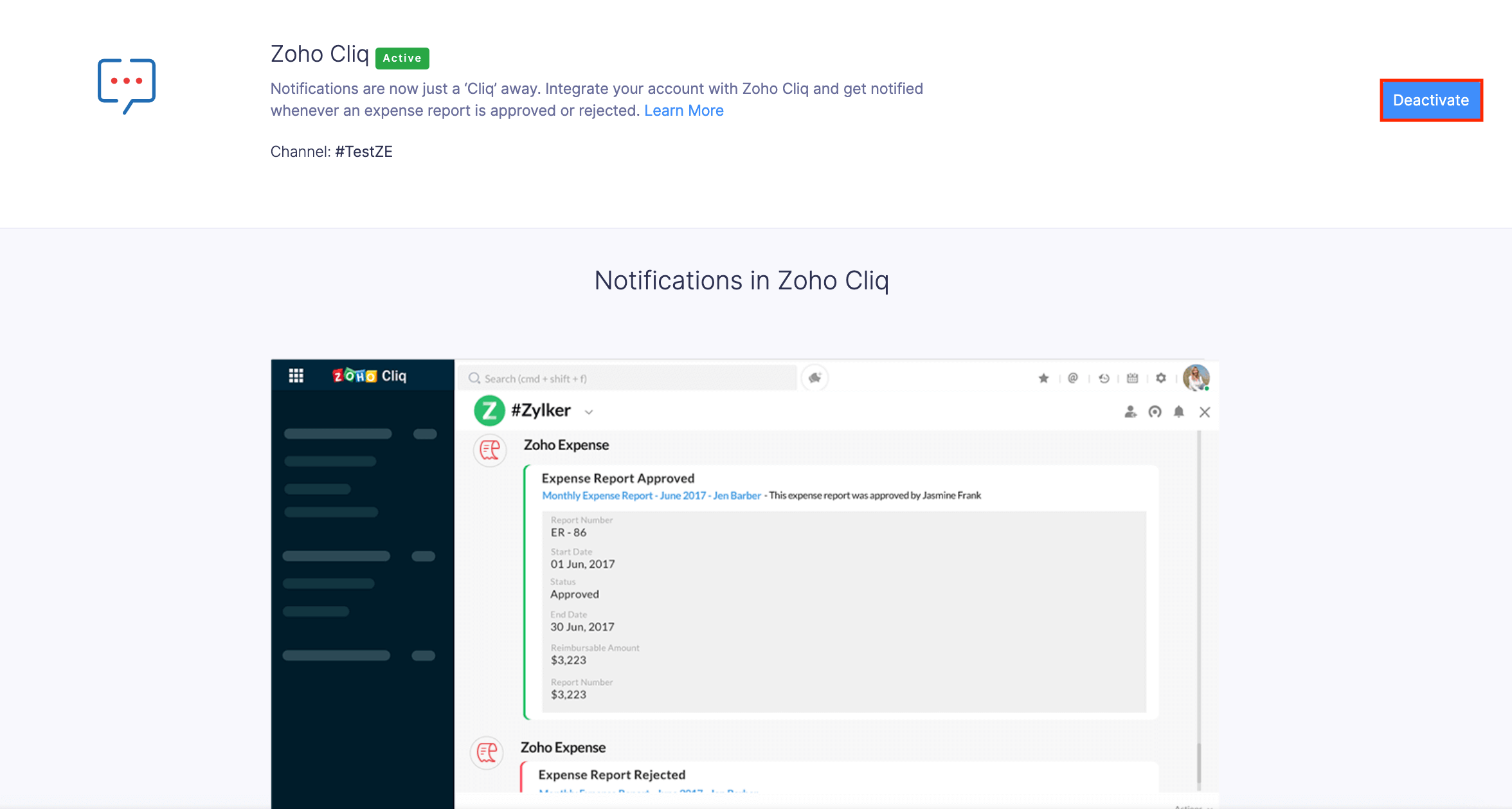 Deactivate Zoho Cliq Integration