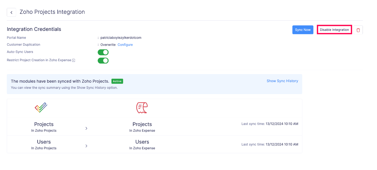Disable Zoho Projects Integration