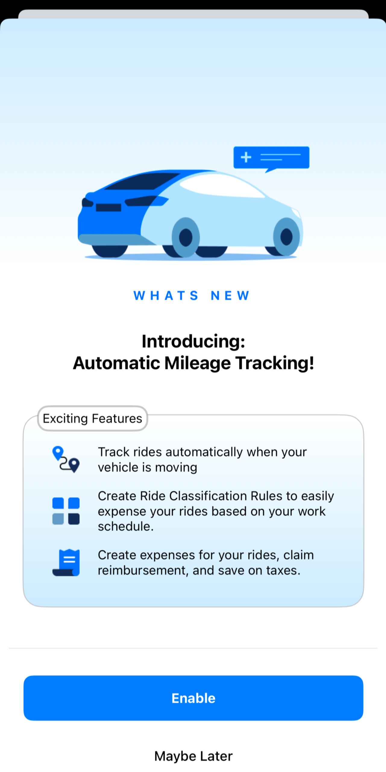Enable Automatic Mileage Tracking pop-up