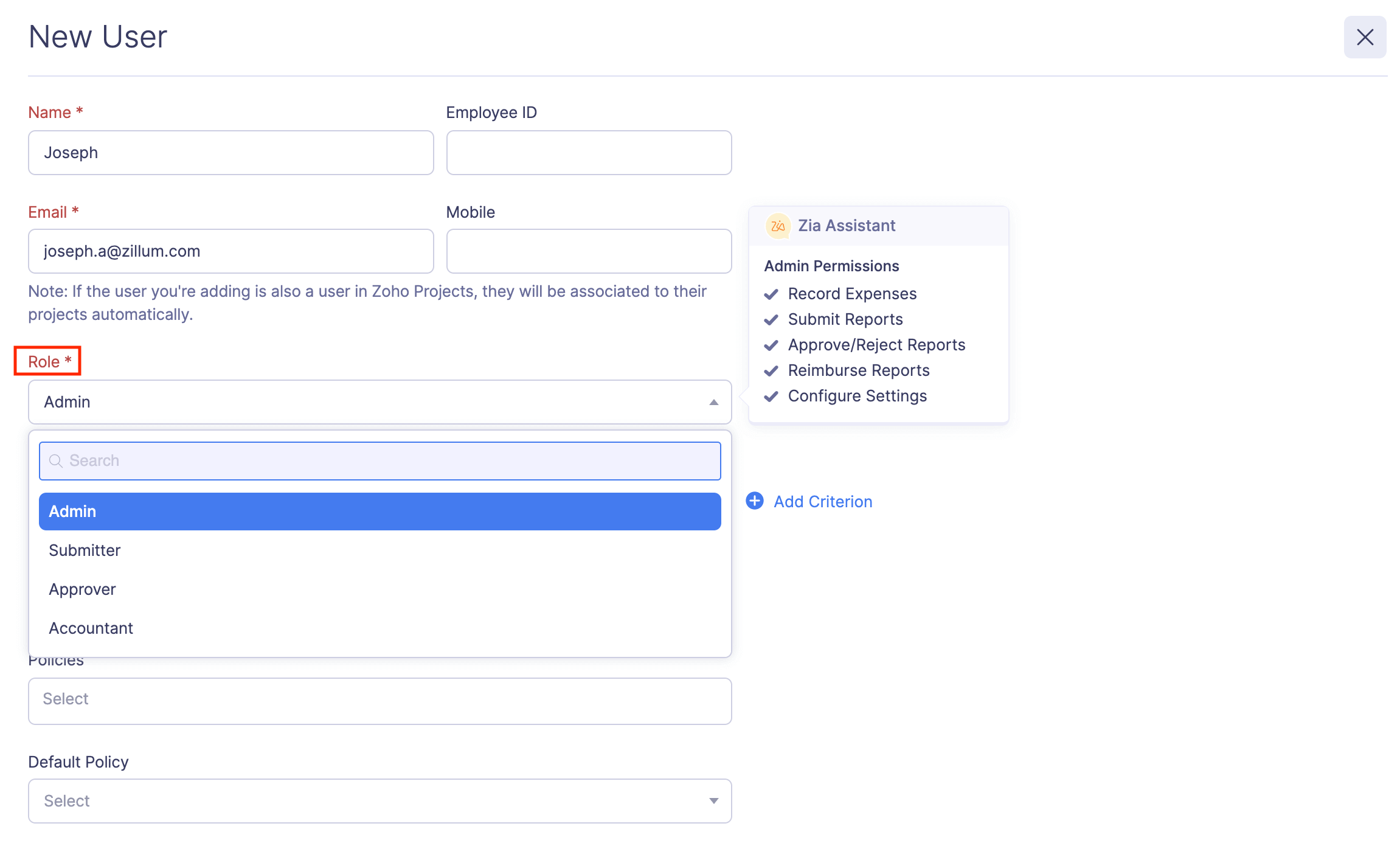 Associate a role with a user