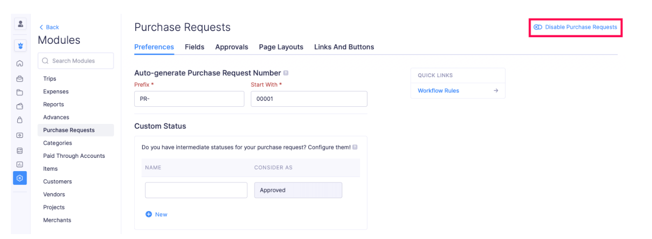 Disable Purchase Request