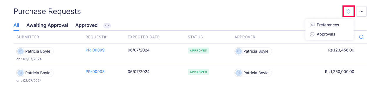 Purchase Requests preference and approvals