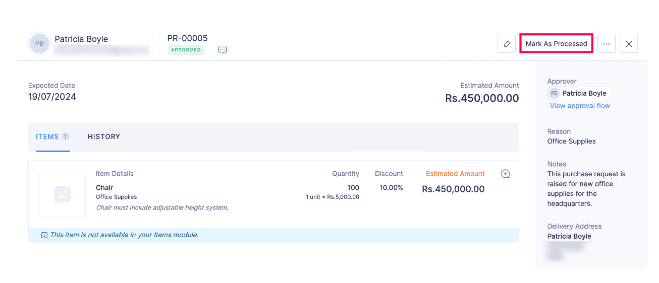 Mark Purchase Request as processed