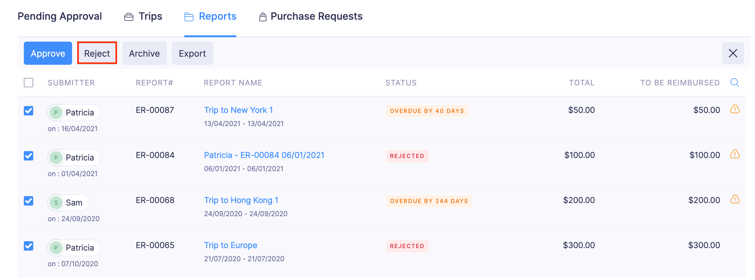 Reject Reports in Bulk