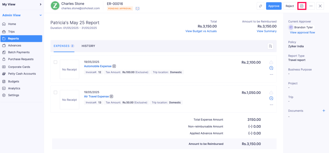 Forward Report to New Approver