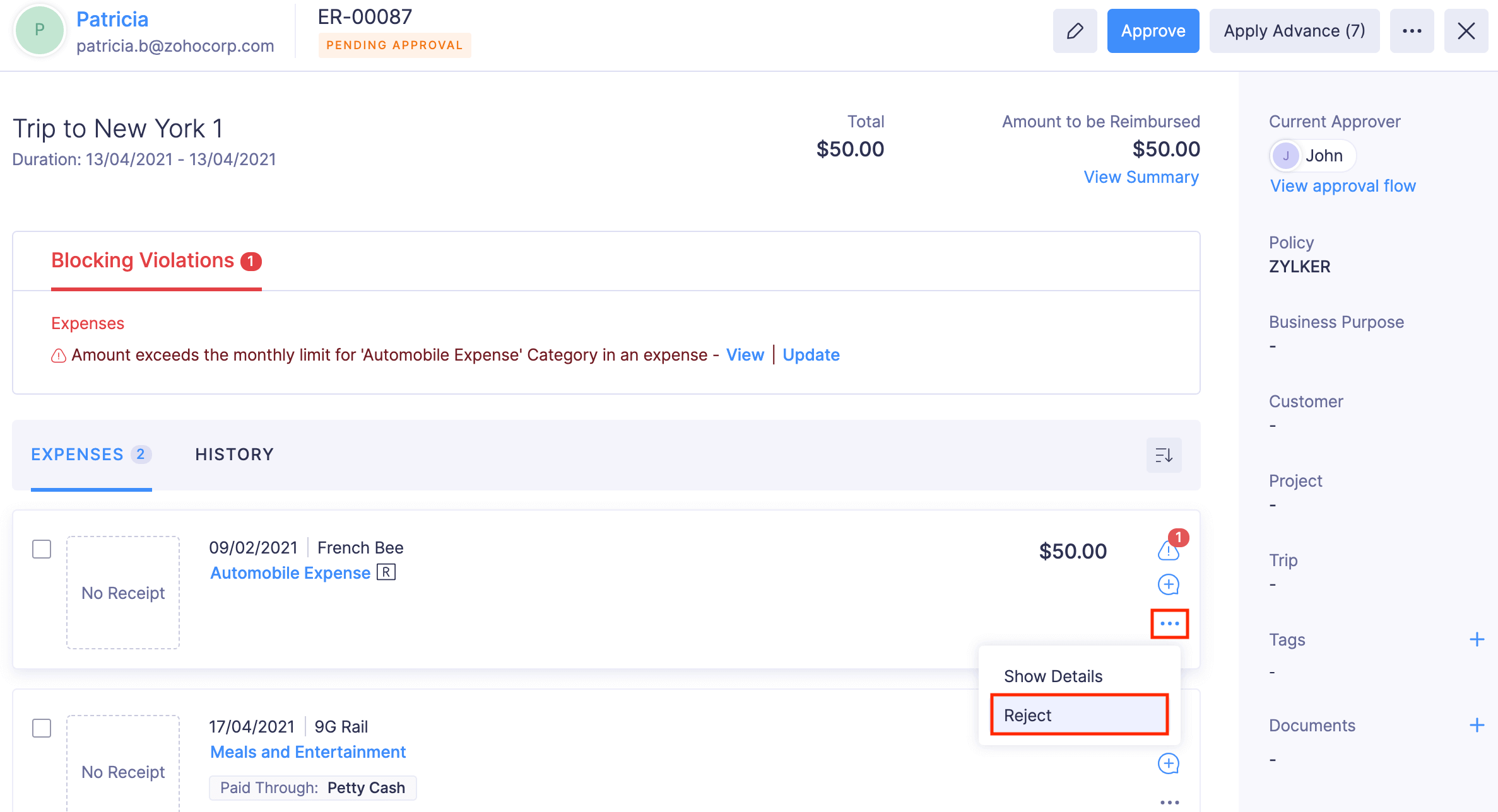 Reject Individual Expenses in Reports