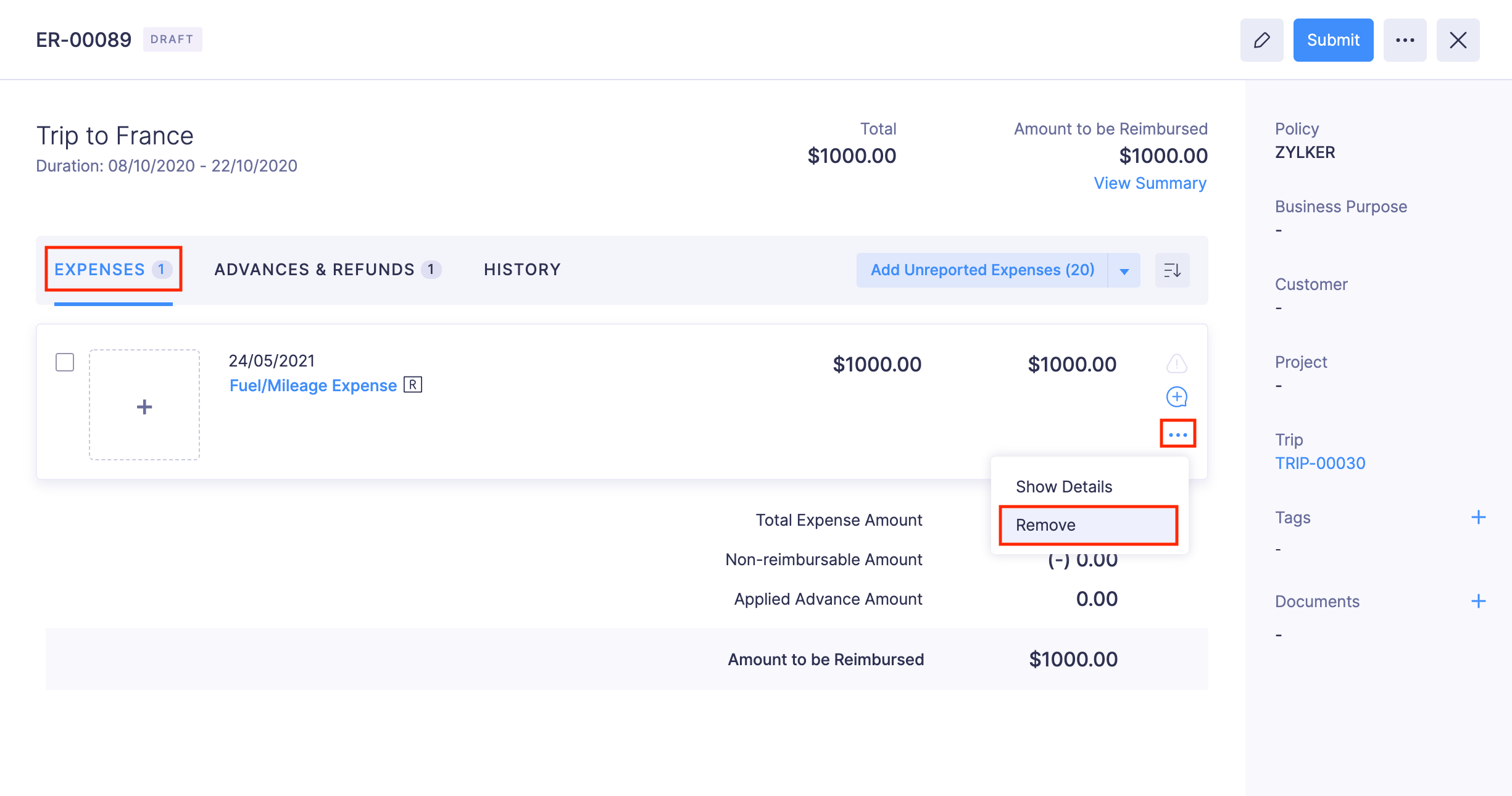 Remove Expense from Report