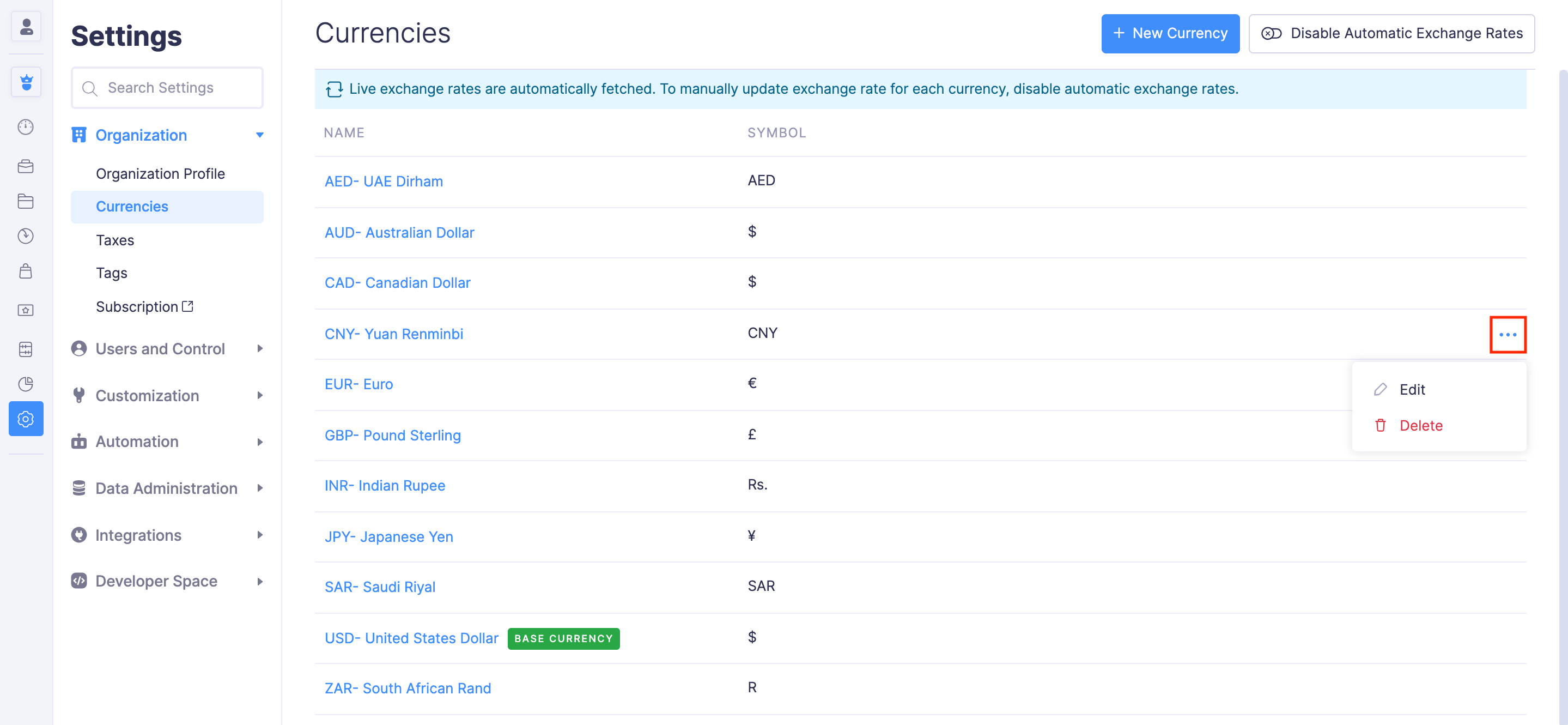 Edit or Delete a Currency