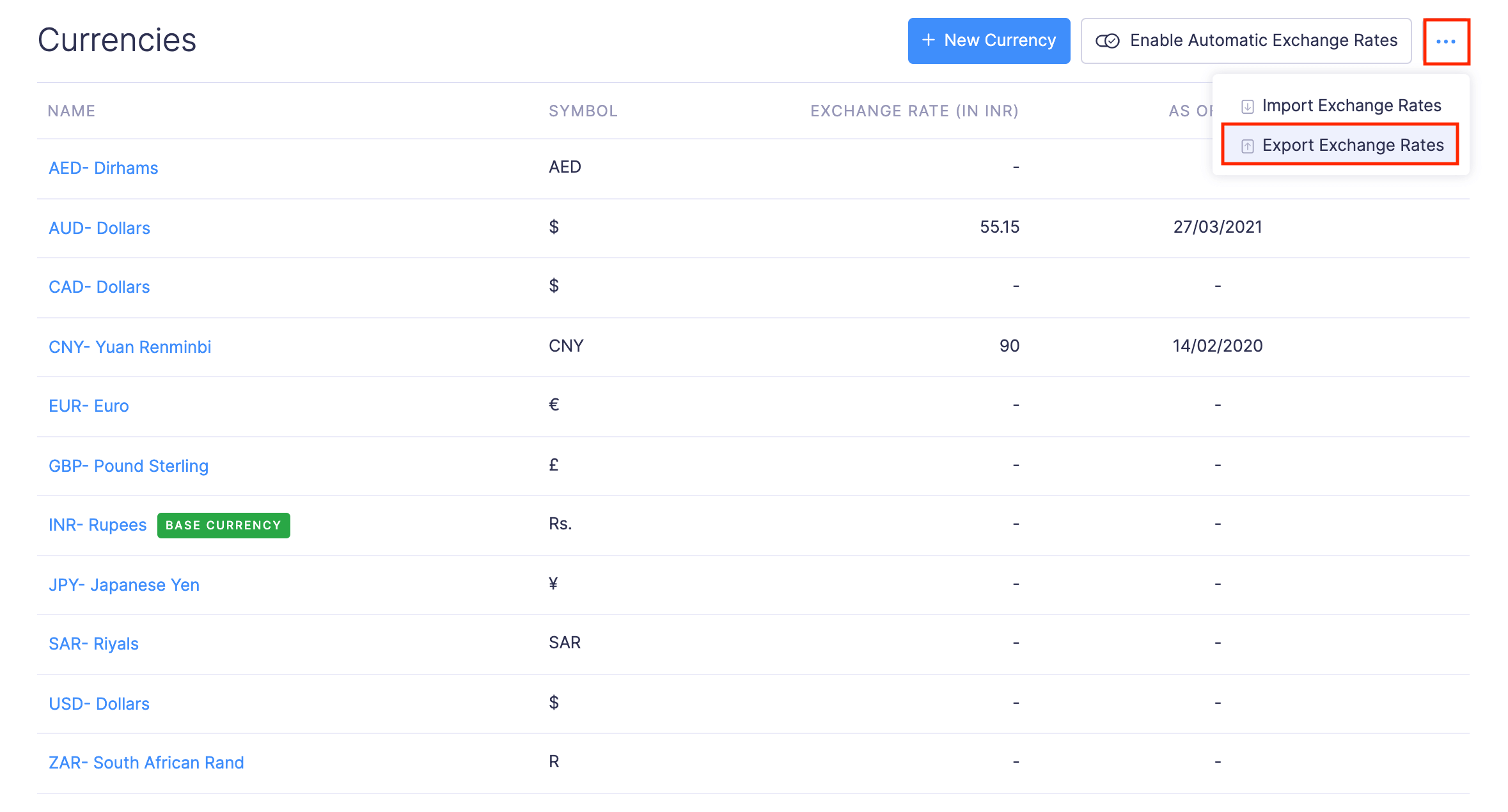 Export Exchange Rates