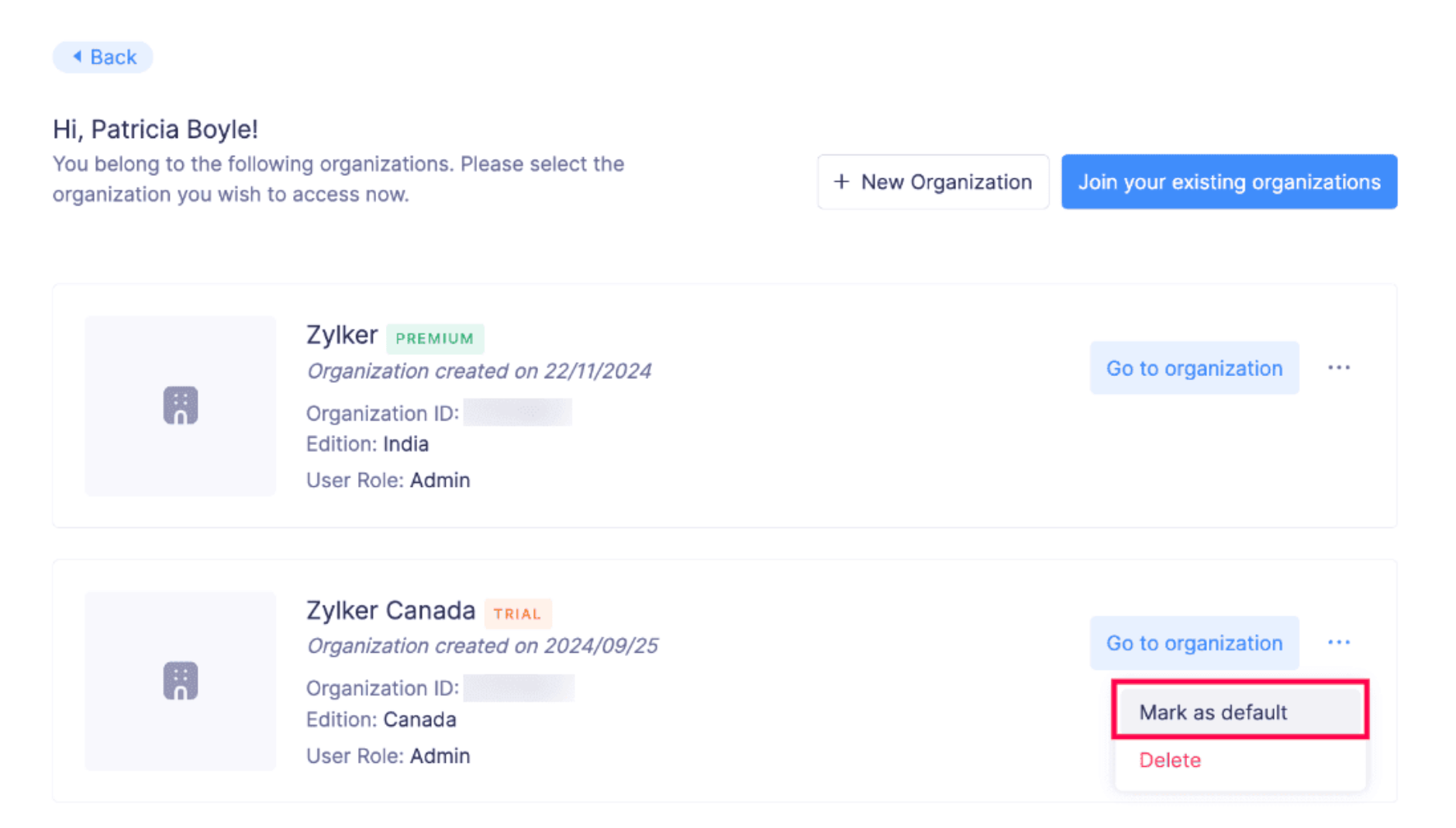 Mark Organization as Default