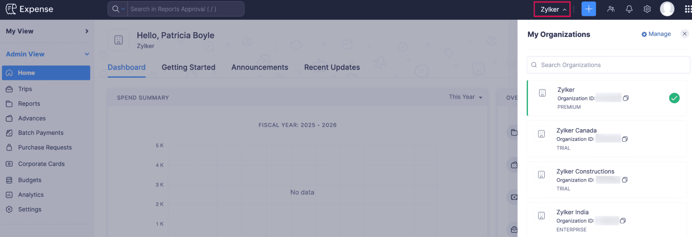 Switch Between Organization