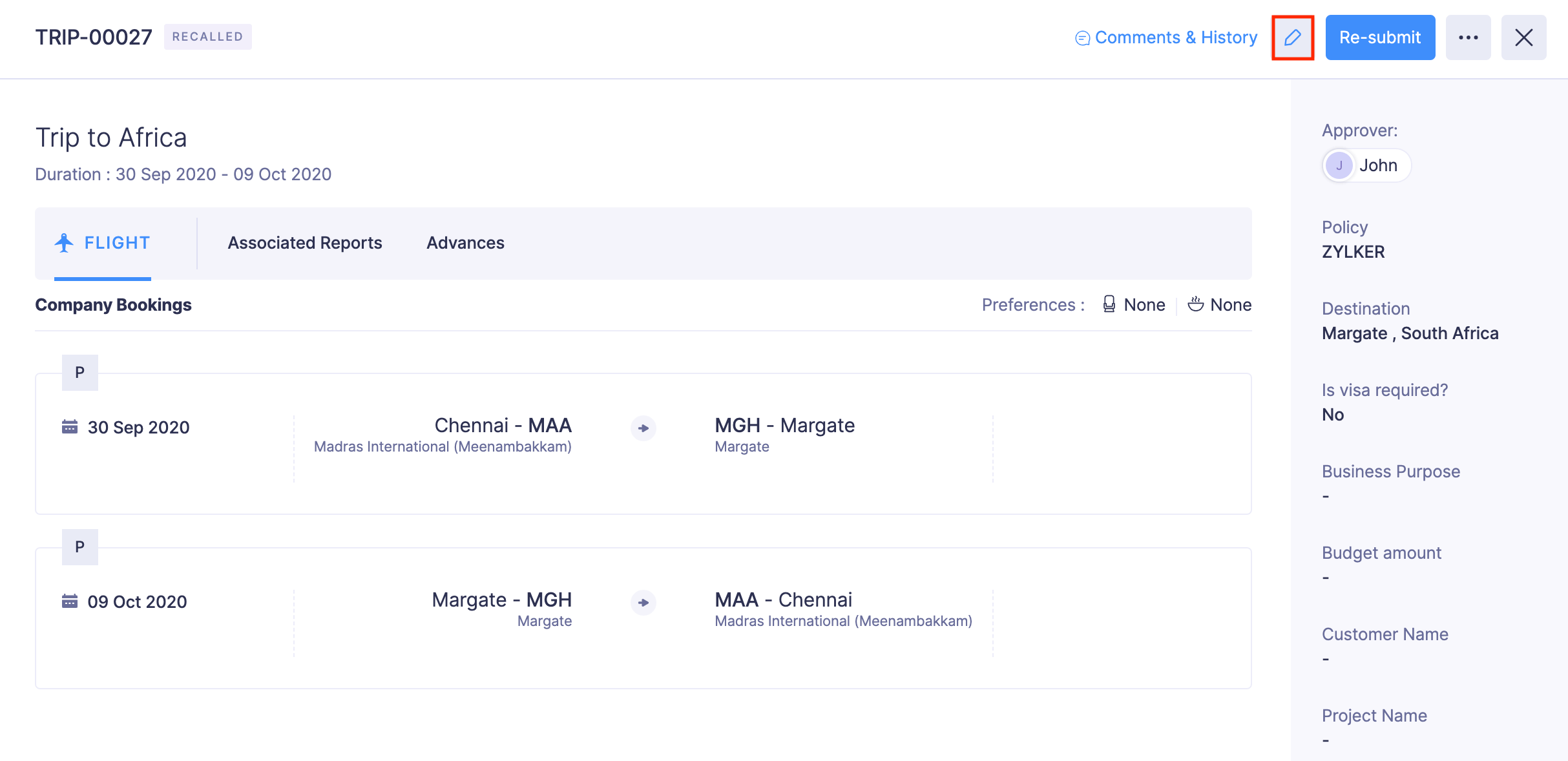 Recall Submitted Trip
